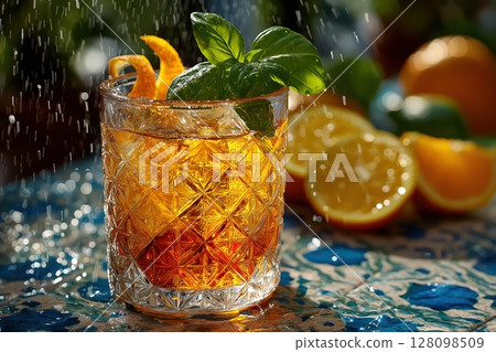 Citrus basil spritz served with orange peel, basil, sunlight reflections, terrazzo 128098509