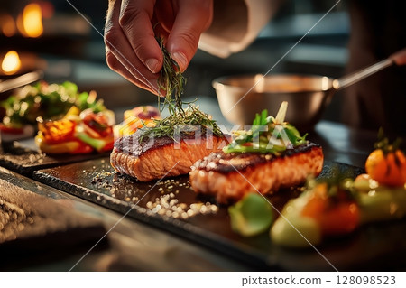 Chef adds final garnish to refined dish under warm kitchen lights 128098523