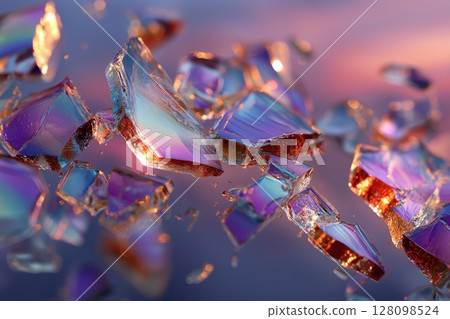 Shattered glass pieces reflecting pastel light in soft abstract composition 128098524