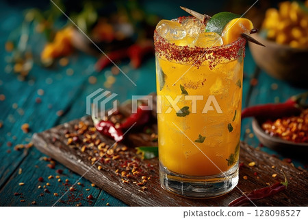 Golden mango mezcal cocktail with Tajin rim and chili mango garnish 128098527