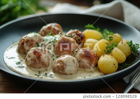 Traditional Konigsberger Klopse served in white sauce with potatoes and herbs 128098529
