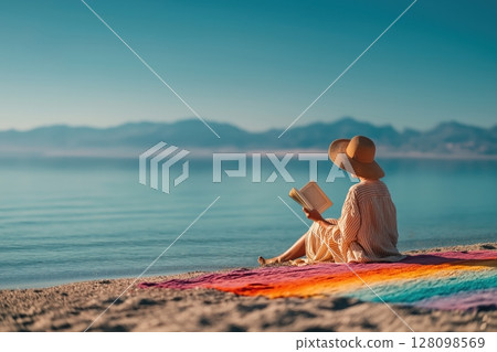 Woman reading paperback on beach towel under sunhat near calm blue sea 128098569