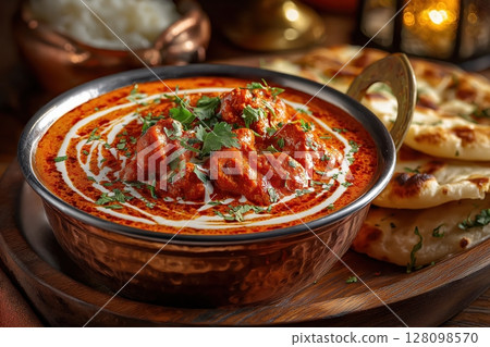 Murgh makhani butter chicken served traditionally with naan, rice, and creamy sauce 128098570