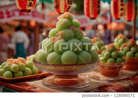 Melon kakigori melts in sunlight during vibrant Japanese summer matsuri celebration 128098571