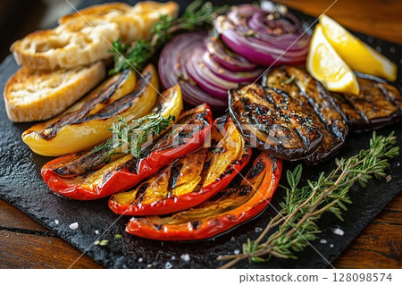 Charred vegetables arranged with olive oil, garlic, lemon, and grilled bread 128098574