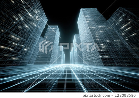 Futuristic wireframe architecture glows cyan over infinite black void in abstract perspective 128098586