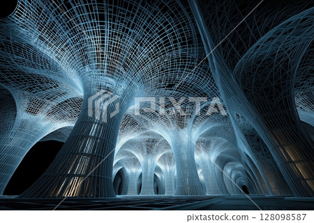Futuristic wireframe architecture glows cyan over infinite black void in abstract perspective 128098587