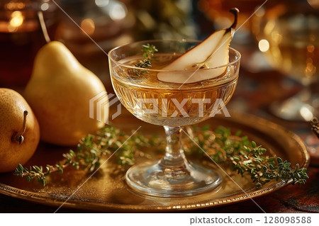 Elegant pear brandy cocktail glowing beside caramelized pear slice and candlelight 128098588