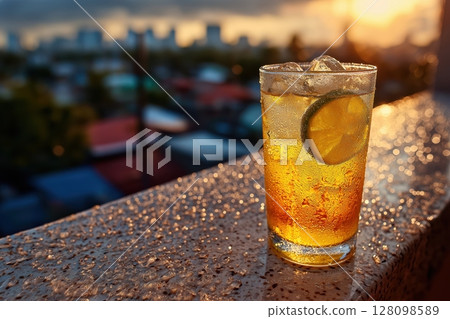 Mango soda with crushed ice on rooftop table during golden hour light 128098589
