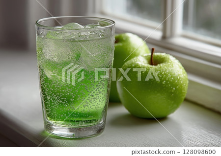 Green apple soda in clear glass, fresh minimalist light kitchen setting 128098600