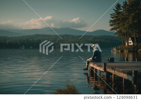 Man Fishing Alone on Wooden Dock Over Calm Lake, Serene Summer Morning 128098631