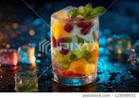 Creative Soft Drink with Frozen Fruit Ice Cubes in Backlit Artistic Glass 128098632