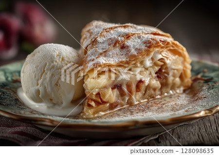 Warm Apfelstrudel with Vanilla Ice Cream Served on Vintage Plate, Cozy Charm Warm Apfelstrudel with Vanilla Ice Cream Served on Vintage Plate, Cozy Charm 128098635