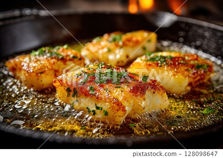 Golden salt cod fillets sizzle gently in garlicky olive oil emulsion sauce 128098647
