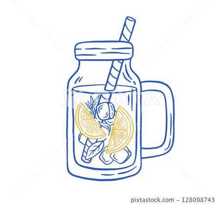 Home made lemonade with ice in the jug vector illustration. Summer Italian fresh drink on white background Home made lemonade with ice in the jug vector illustration. Summer Italian fresh drink on white background 128098743