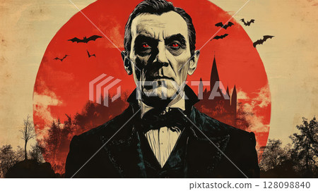 Dark Dracula figure with red eyes stands before red moon and castle in mysterious world filled with flying bats on spooky day Dark Dracula figure with red eyes stands before red moon and castle in mysterious world filled with flying bats on spooky day 128098840