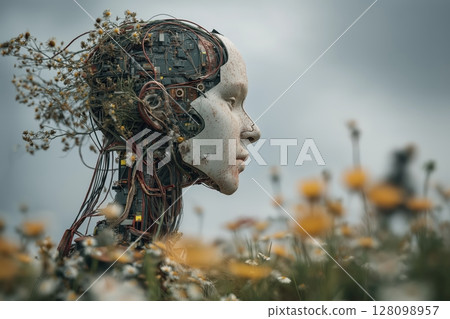 Tangled circuitry replaces human head over fading wildflowers under glitching sky 128098957