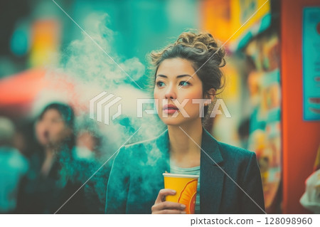 Woman Enjoying Noodles on Bustling City Street in Lunchtime Moment Woman Enjoying Noodles on Bustling City Street in Lunchtime Moment 128098960