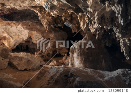 Djara Cave in Egypt with impressive stalagmites and natural rock formations. A hidden geological wonder in the heart of the Sahara desert Djara Cave in Egypt with impressive stalagmites and natural rock formations. A hidden geological wonder in the heart of the Sahara desert 128099148