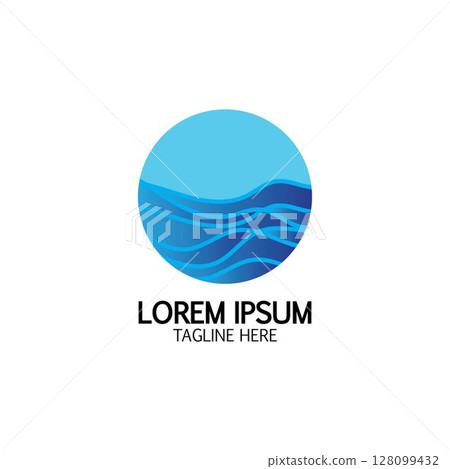 Isolated round shape logo. Blue color logotype. Flowing water image. Sea, ocean, river surface. Isolated round shape logo. Blue color logotype. Flowing water image. Sea, ocean, river surface. 128099432