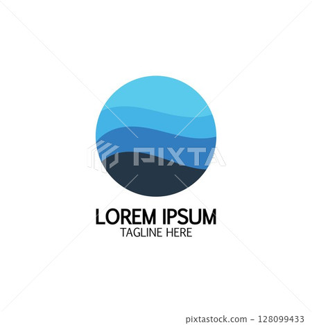 Isolated round shape logo. Blue color logotype. Flowing water image. Sea, ocean, river surface. Isolated round shape logo. Blue color logotype. Flowing water image. Sea, ocean, river surface. 128099433