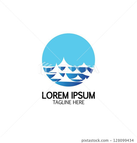 Isolated round shape logo. Blue color logotype. Flowing water image. Sea, ocean, river surface. Isolated round shape logo. Blue color logotype. Flowing water image. Sea, ocean, river surface. 128099434