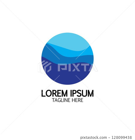 Isolated round shape logo. Blue color logotype. Flowing water image. Sea, ocean, river surface. 128099438