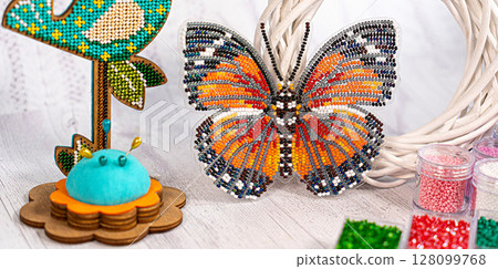 Colorful glass beads. Variety of shapes and colors to make a bead necklace or a string of beads for women Colorful glass beads. Variety of shapes and colors to make a bead necklace or a string of beads for women 128099768