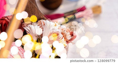 Threads in reels. Colored bobbins for embroidery knitting hobby accessories creativity. 128099779