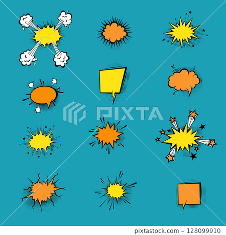 Speech bubbles with halftone shadows in cartoon, comic style. Speech bubbles with halftone shadows in cartoon, comic style. 128099910