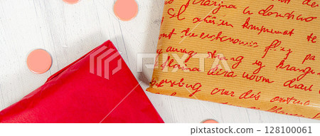 Delivery mail post postal packages red and craft paper Delivery mail post postal packages red and craft paper 128100061