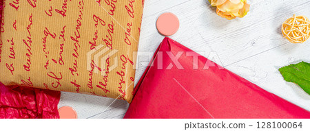 Delivery mail post postal packages red and craft paper 128100064