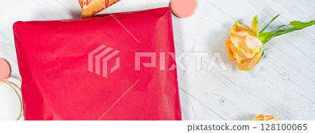 Delivery mail post postal packages red and craft paper 128100065