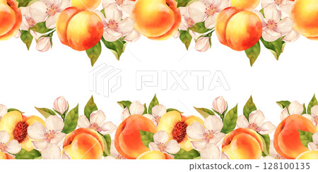 Peach and Blossom Seamless Border Pattern. Hand Drawn illustration 128100135