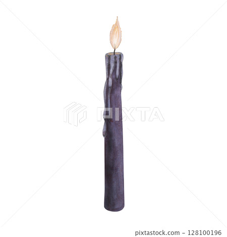 Witch's magical purple violet wax candle flame isolated on white background. Watercolor hand drawn dark fantasy sketch illustration. Art design mystical halloween witch decoration greeting card 128100196