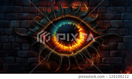Fierce dragon eye with flame-like iris emerging from dark brick wall surrounded by spiked obsidian scales. Primal guardian concept 128100212
