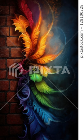 Fractal phoenix feather design with flowing rainbow colors against brick wall emerging from smoky darkness. Creative evolution concept. 128100228