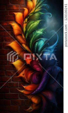 Elegant fractal feather design in gradient spectrum colors against brick wall with dramatic lighting and intricate detail creating fluid organic movement. Creative evolution concept. 128100241
