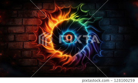 Spiraling cosmic eye with rainbow energy tendrils emanating against dark stone background, blending fiery oranges with cool blues. Universal consciousness concept. 128100259
