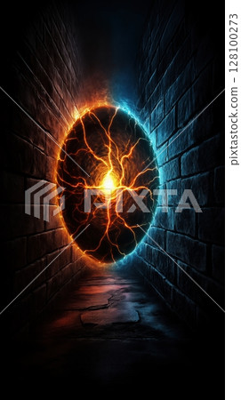 Mystical portal with dual fire and ice lightning emerging from stone corridor with glowing central orb. Energy breakthrough concept Mystical portal with dual fire and ice lightning emerging from stone corridor with glowing central orb. Energy breakthrough concept 128100273