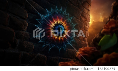 Cosmic eye mandala with radiating rainbow spectrum petals against stone wall with mystical sunset glow and organic elements. Inner vision concept. Cosmic eye mandala with radiating rainbow spectrum petals against stone wall with mystical sunset glow and organic elements. Inner vision concept. 128100275
