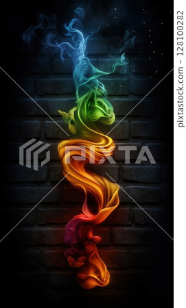 Ethereal smoke-like form in rainbow colors ascending against dark brick wall with starlit background. Spiritual ascension concept Ethereal smoke-like form in rainbow colors ascending against dark brick wall with starlit background. Spiritual ascension concept 128100282