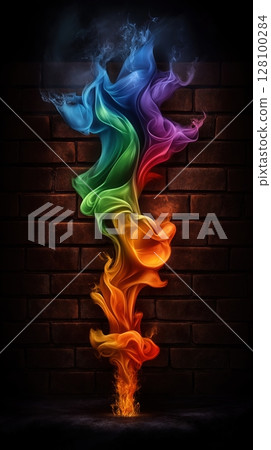 Ethereal rainbow smoke column rising from flame base against dark brick wall with fluid color transitions. Spiritual ascension concept. 128100284