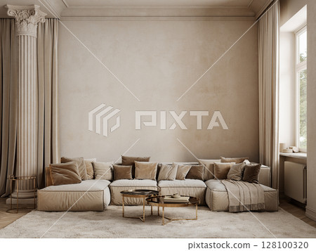 Classic beige interior with blank wall, sofa, pillows, column, fur carpet, coffee table and wood floor, 3d render illustration mockup. Classic beige interior with blank wall, sofa, pillows, column, fur carpet, coffee table and wood floor, 3d render illustration mockup. 128100320