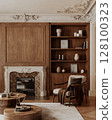 Classic interior with wood closet, fireplace, armchair, coffee tables and shelves decor. 3d render illustration mockup. 128100323