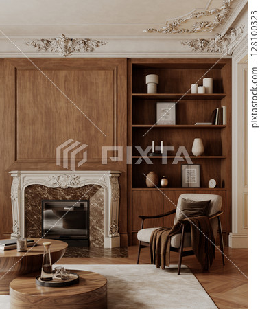 Classic interior with wood closet, fireplace, armchair, coffee tables and shelves decor. 3d render illustration mockup. Classic interior with wood closet, fireplace, armchair, coffee tables and shelves decor. 3d render illustration mockup. 128100323