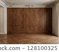 Classic beige empty interior with wood wall panels, blank wall, wood chevron floor and curtains. 3d render illustration mockup. 128100325