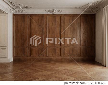 Classic beige empty interior with wood wall panels, blank wall, wood chevron floor and curtains. 3d render illustration mockup. 128100325