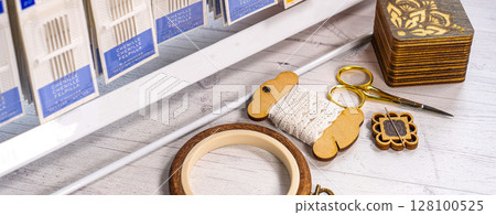 Accessories for hobby. Hoop snaps, threads, needles and scissors. Vintage tools for embroidery and knitting Accessories for hobby. Hoop snaps, threads, needles and scissors. Vintage tools for embroidery and knitting 128100525