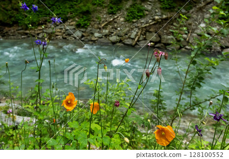 A mountain river with clear, turquoise, clear water, with a rocky bed and shores in Bavaria A mountain river with clear, turquoise, clear water, with a rocky bed and shores in Bavaria 128100552